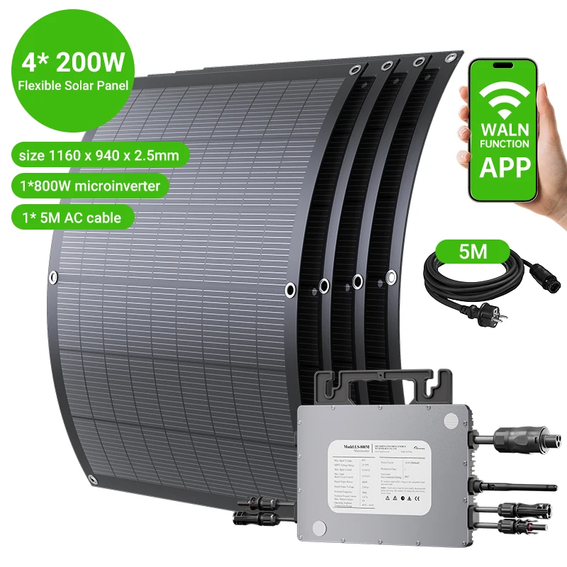 Kit Sistema Solare da Balcone 800W, 4×200W Pannelli Solari Flessibili + Micro Inverter 800W, Monitoraggio WiFi APP, Sistema Fotovoltaico Plug & Play