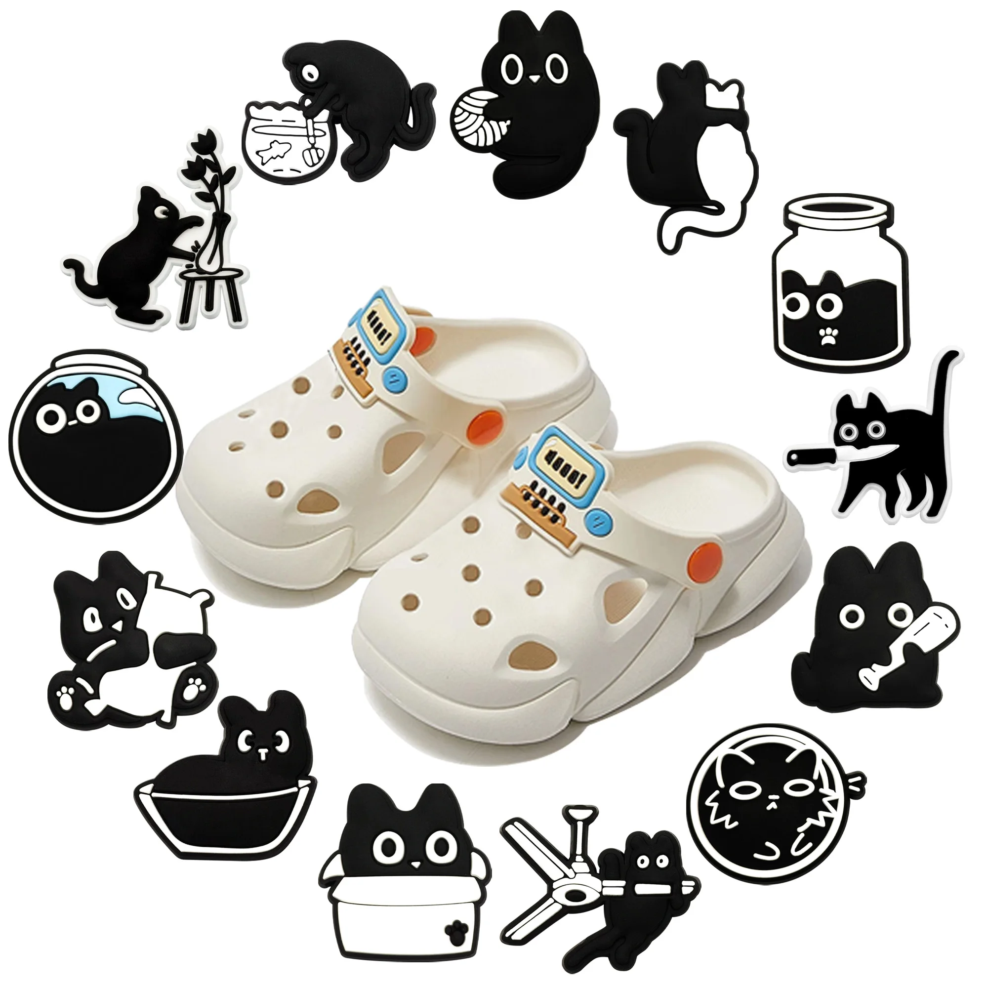 13 Stücke Cartoon Schwarze Katze PVC Schuh Charms Für Clogs Pins Loch Schuhe Ornamente Sandalen Zubehör DIY Armbänder Urlaub Geschenk Image
