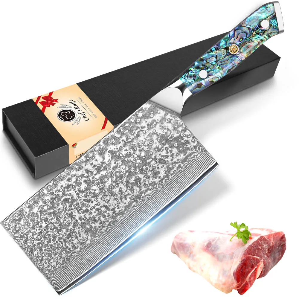 Damaskus Chinesisches Kochmesser - 20,32cm Hackmesser, Professionelles VG10 Stahlmesser Ultra-Scharf mit Abalone-Muschel-Harz-Griff, Professionell