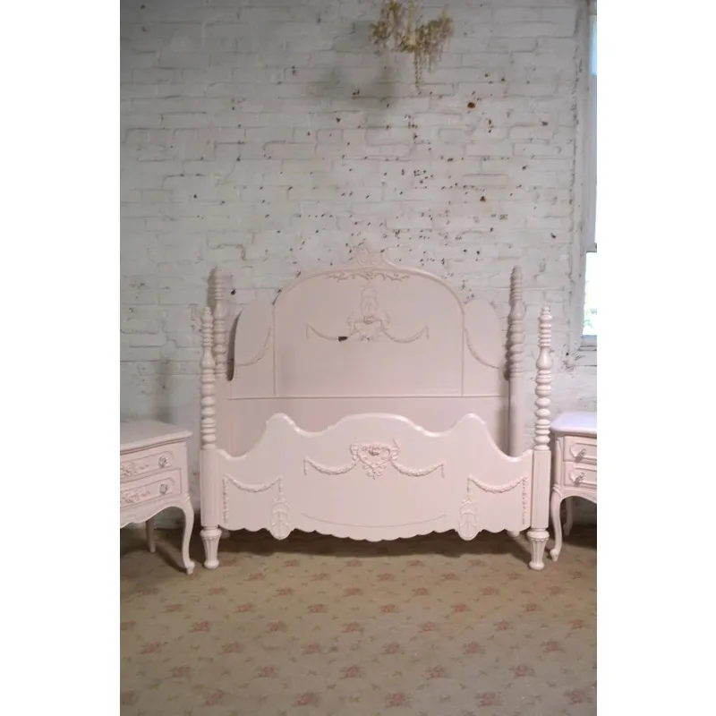 Französisches Landhaus-Stil Massivholzbett Mädchen Europäischer Stil Einfaches Prinzessinnenbett Amerikanisches Geschnitztes Vintage Distressed Rosa Doppelbett