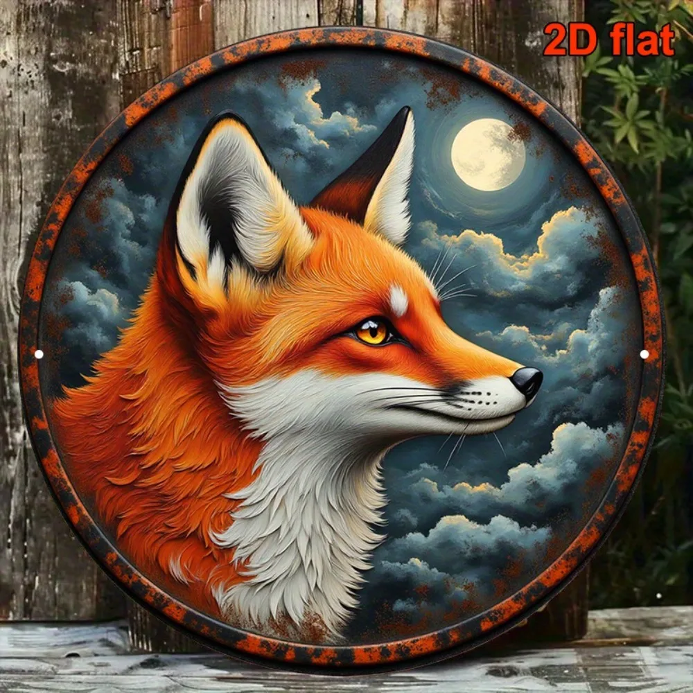 Vintage 8x8 Zoll Metallschild mit Rotem Fuchs und Mond, Retro Wanddekoration für Wohnzimmer, Schlafzimmer, Büro, Café, Geschenkidee Image