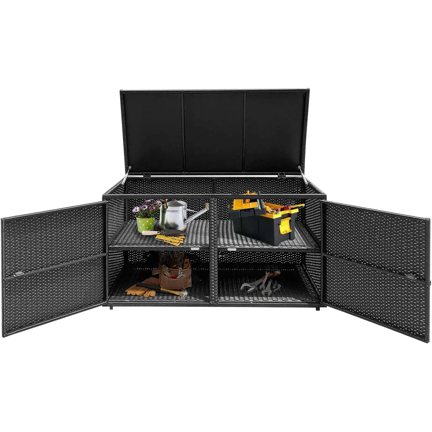 Rattan-Aufbewahrungsbox, 333 l, Kissenbox mit Doppeltüren, Deckel und Regal, Gartenbox, wetterfest, 115/215 x 60 x 65 cm (schwarz) Image