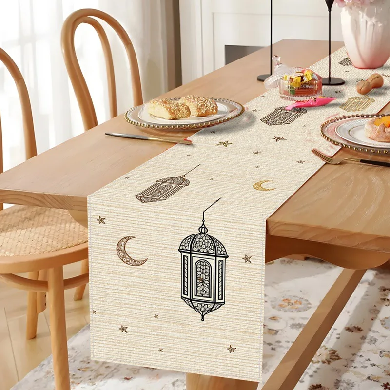 1 Stück Islamischer Arabischer Tischläufer Golden-Schwarzes Arabisches Laternen-Stern-Mond-Muster Ramadan Eid Hochzeit Langlebige Tischdecke 2D Flach Image