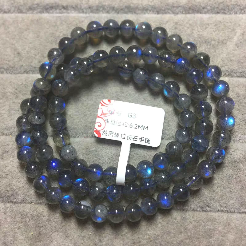 Natürliches blaues helles Labradorit-Armband mit runden Perlen, 3 Runden, Labradorit, 6 mm, für Damen und Herren, grauer Mondstein, AAAAAAA Image