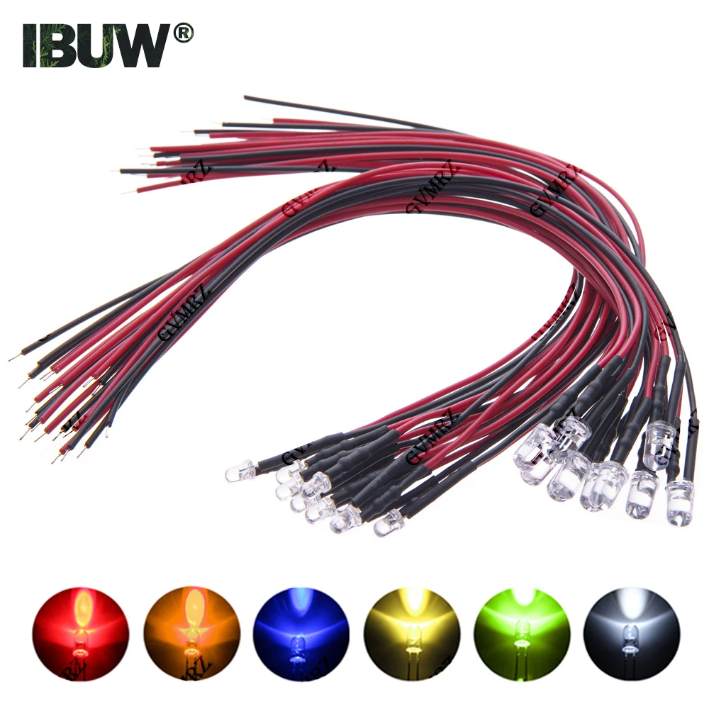 10 Stück kabelgebundene LED-Anzeigeleuchten, 3 mm, 5 mm, DC 3–6 V, 12 V, 24 V, mehrere Farben für PCB-DIY-Elektronik Image