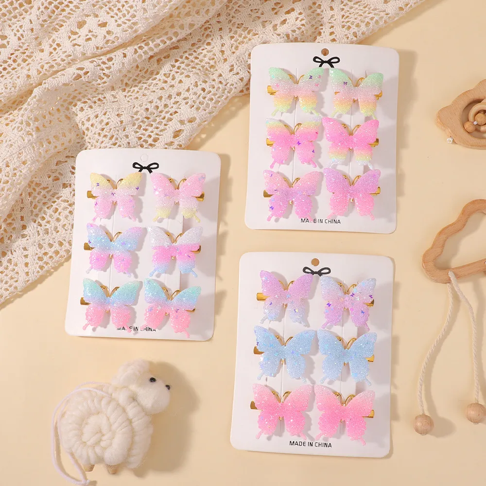 6-teiliges Set Pailletten-Schmetterling-Haarspangen für Mädchen Exquisite Schleifen-Haarklammern Farbverlauf Schmetterling-Haarnadeln Seitliche Haarspangen Großhandel Image