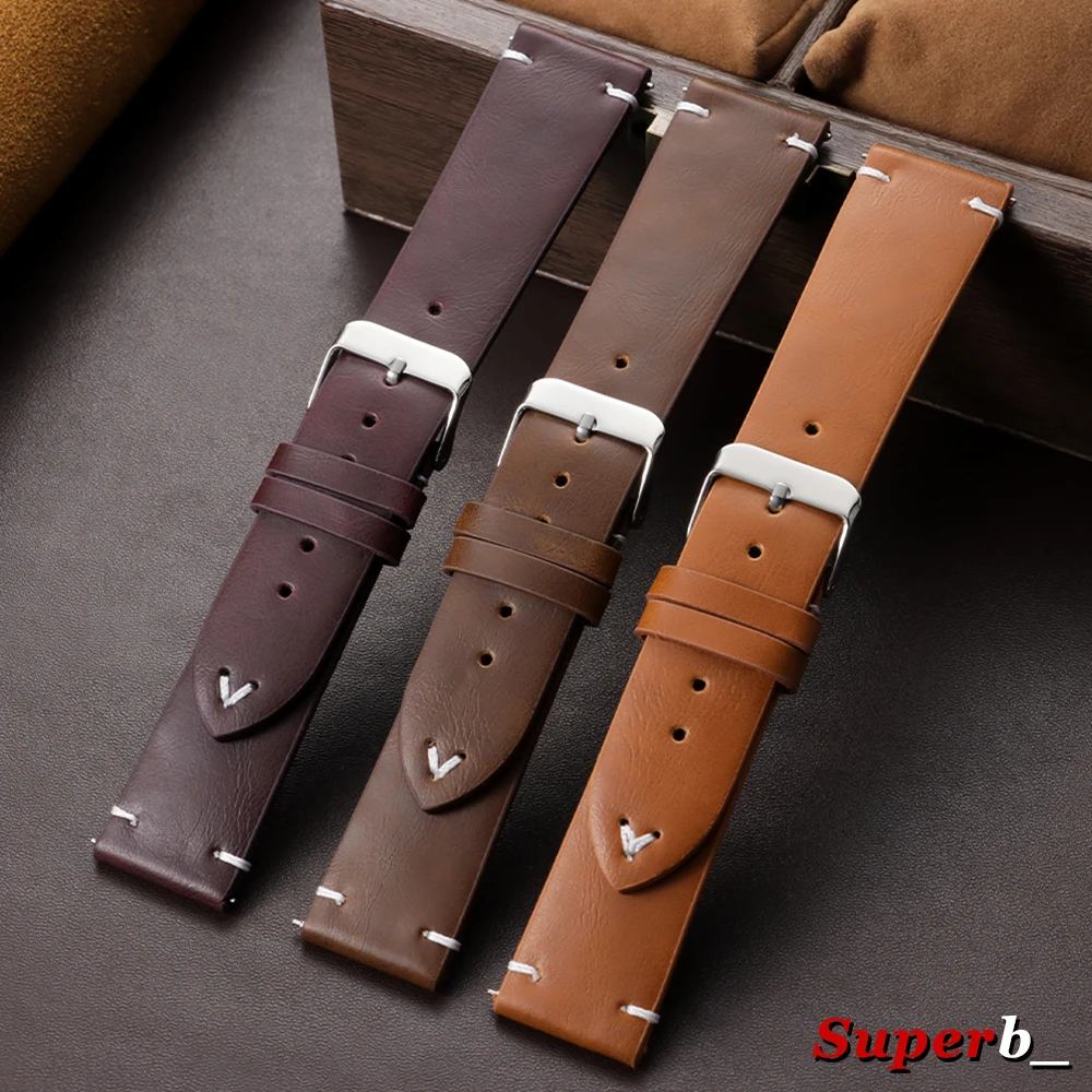 18mm 20mm 22mm Vintage Braunes Leder-Uhrenarmband Universelles Leichtgewichtiges PU-Lederband Schnellverschluss Blaues Armband für Herren Damen Image