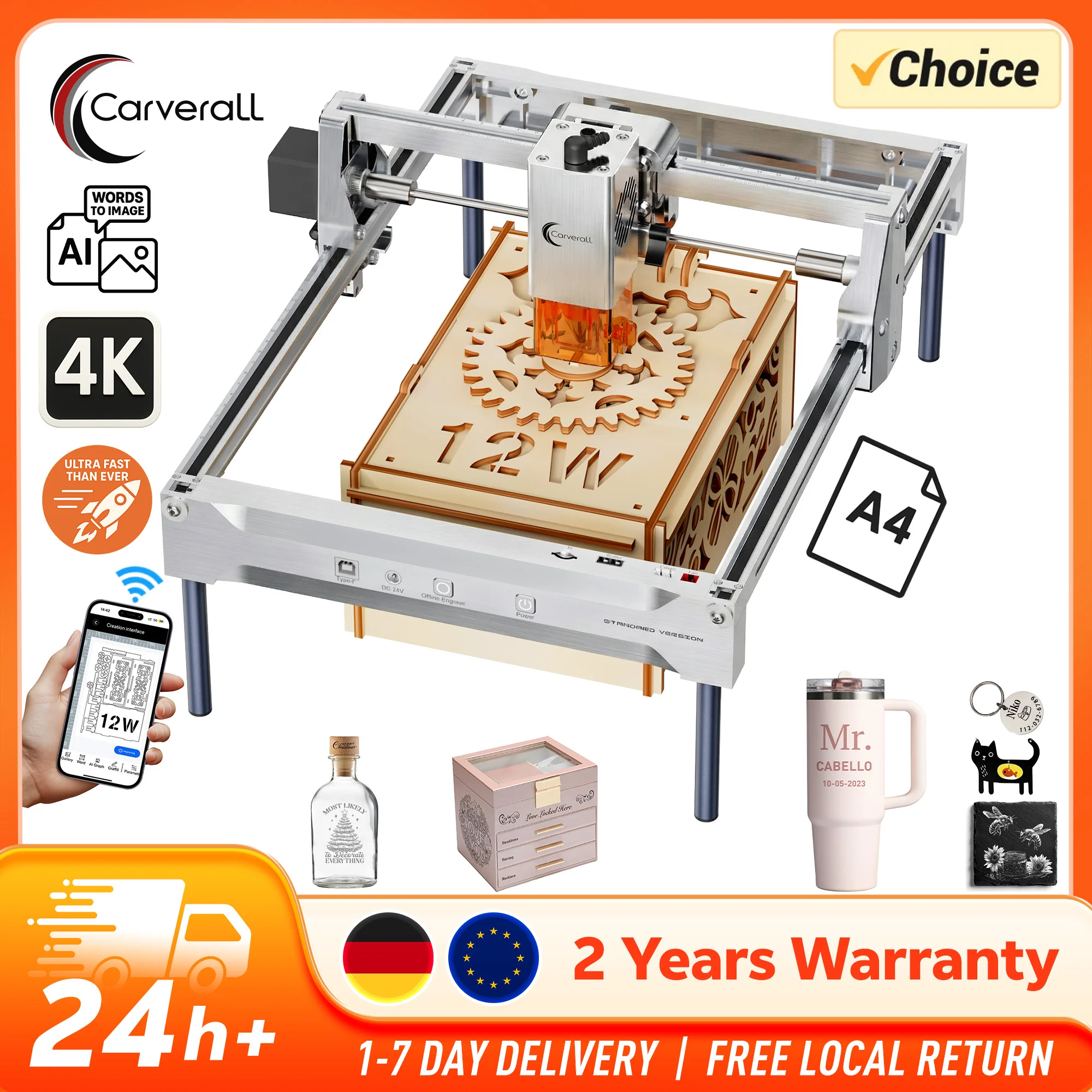 Lasergravurmaschine, 7W 12W Optische Leistung, Laserschneider & Graviergerät für Holz, Metall & Acryl, für Kleinunternehmen & Studios Image