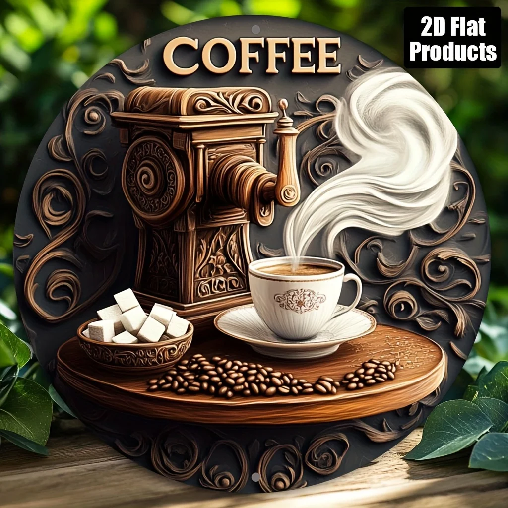 Runde Aluminium-Dekorationsplakette 8x8 Zoll, Kaffeemaschinen-Motiv 2D Flachdruck für Bar Küche Café Zuhause Büro Party Feiertagsgeschenk Image