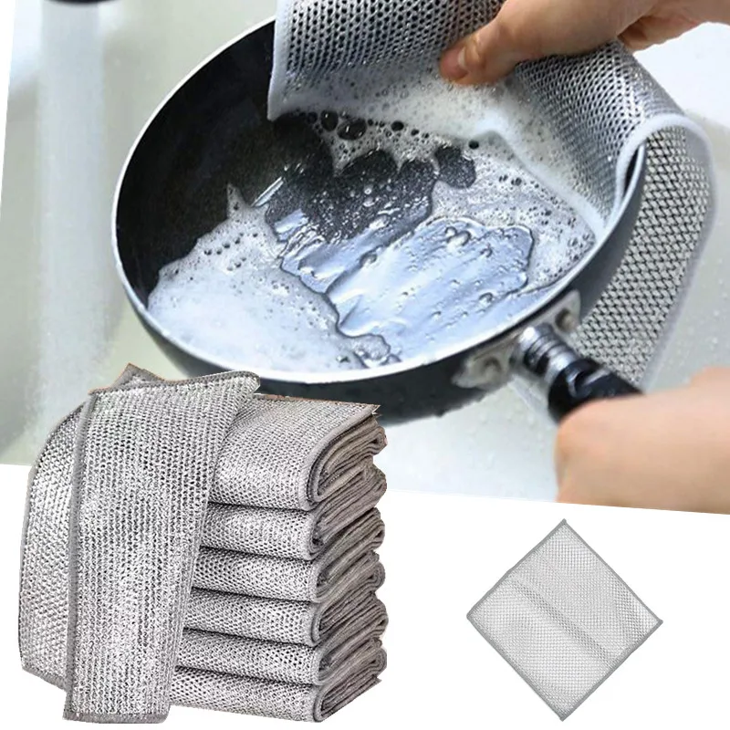 3/5 Stück Stahldraht-Reinigungstücher Doppelschichtige Metall-Silberdraht-Spültücher Küchen-Topf-Pfannen-Geschirr Antihaft-Öl-Reinigungstuch Image