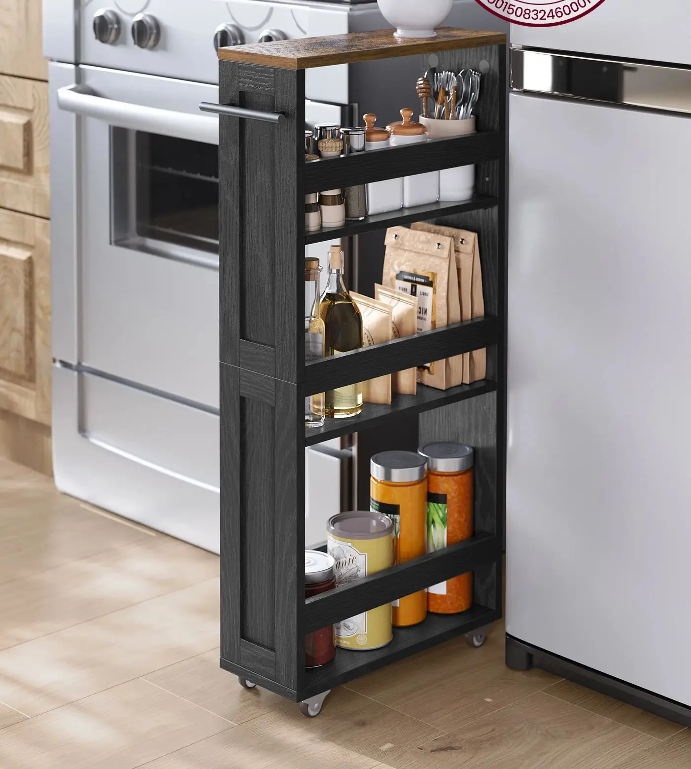 VASAGLE Rollwagen 4 Ebenen Küchenwagen schmal, Nischenregal auf Rollen, Griff, für kleine Räume, Badezimmer, Waschküche