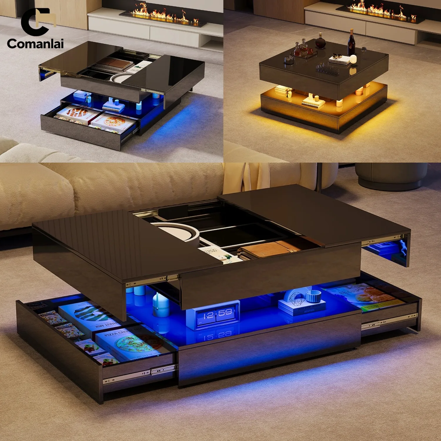 Comanlai Ausziehbarer Couchtisch mit LED-Beleuchtung und Verstecktem Stauraum Hochglanz Quadratischer Beistelltisch Wohnzimmer-Couchtisch Image