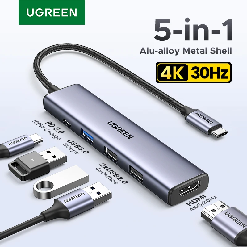 UGREEN USB-HUB 5-in-1 Typ-C auf 4K HDMI PD100W USB3.0 HUB Multiport-Adapter für Laptop MacBook iPad Pro Samsung Dell HP Lenovo Image