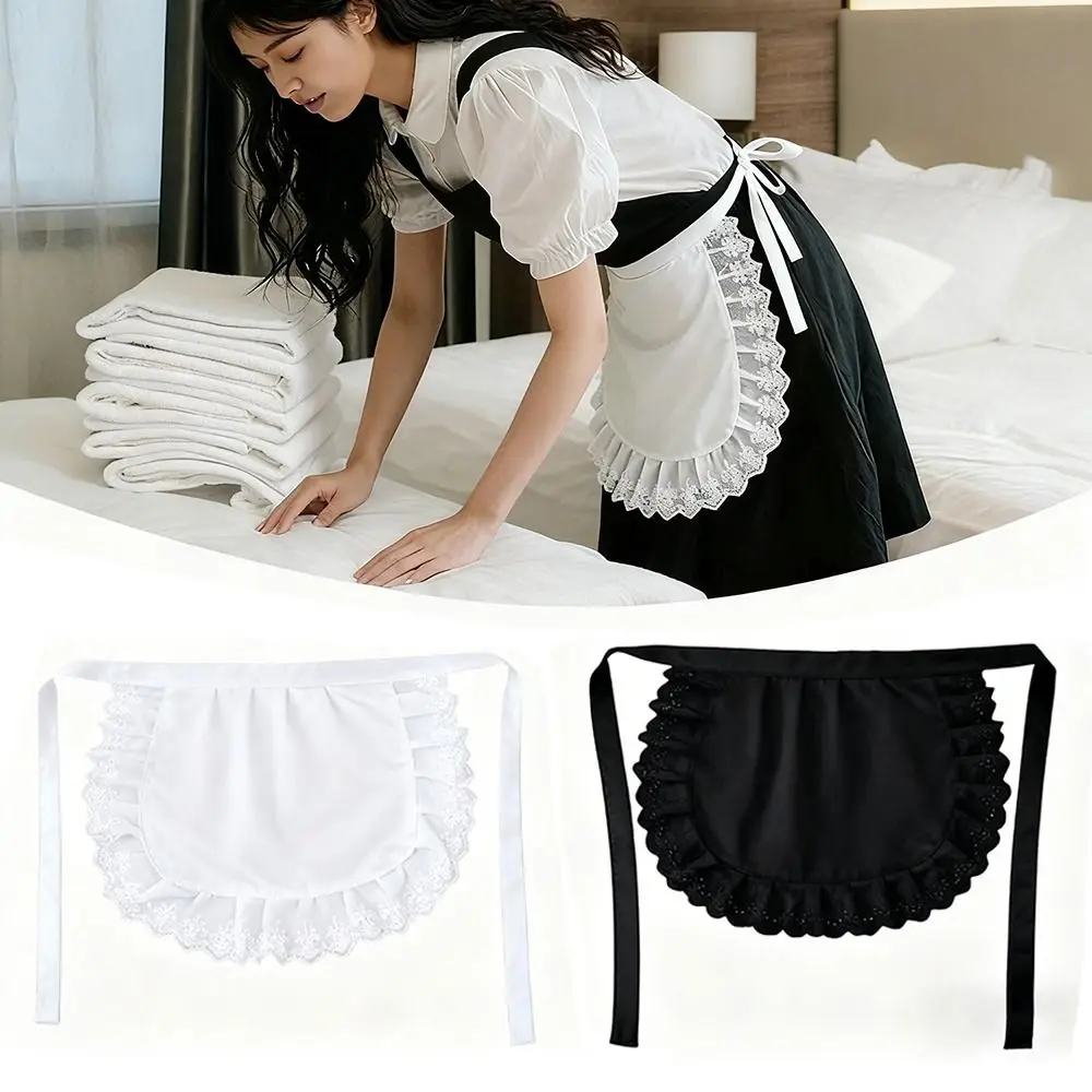 Neue Lolita Dienstmädchen-Schürze Sexy Spitze Schwarz Weiß Halbe Taille Schürze Latzkleid Schönheit Blumen Café Image