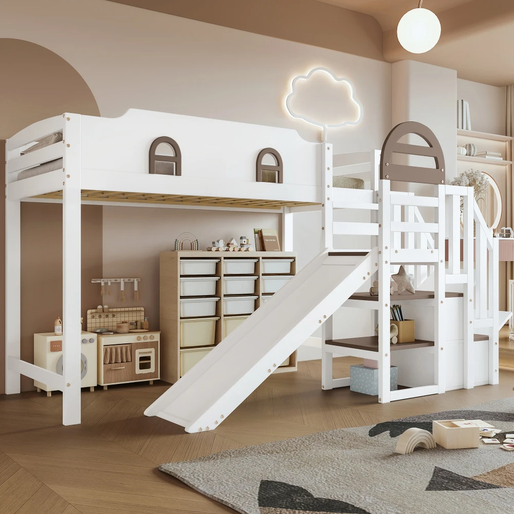 90 x 200 cm großes modernes Kinder-Etagenbett, Bett mit Fenster und Rutsche, Treppe mit Griff und 2 Schließfächern, vielseitiges Design, viel Stauraum