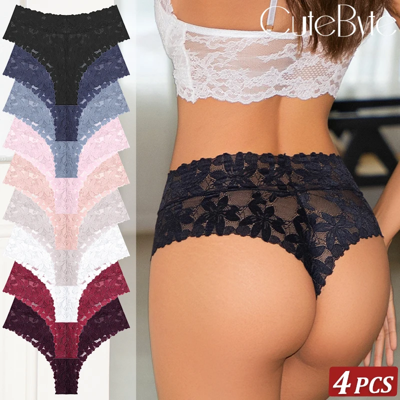 4er-Set Damen Sexy Spitzen-Slips mit Niedriger Taille, Sexy Blumenmuster-Unterwäsche, Atmungsaktive Transparente Dessous Image