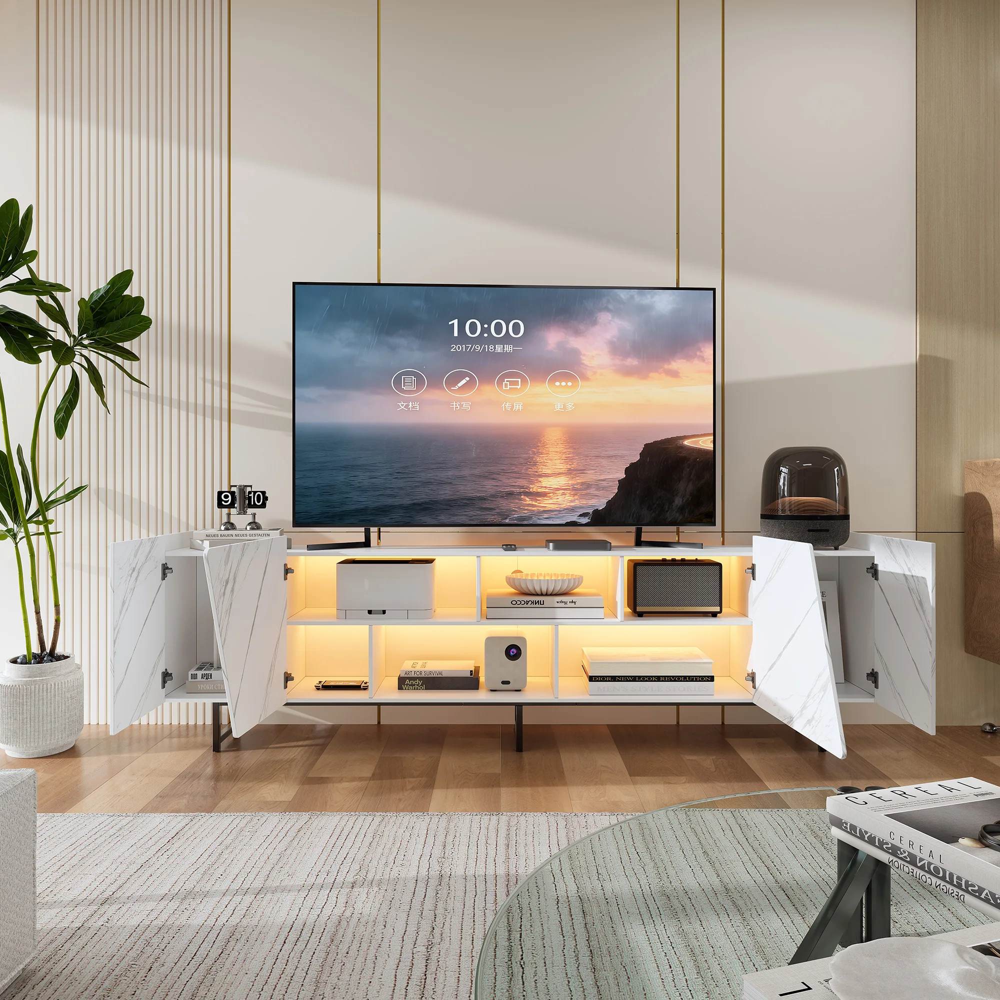 Rosahqnda TV-Schrank 220cm Stilvoller Marmor-Look TV-Schrank Lowboard mit LED-Beleuchtung, 4 Türen und Regalen, Möbel im Modernen Design Image