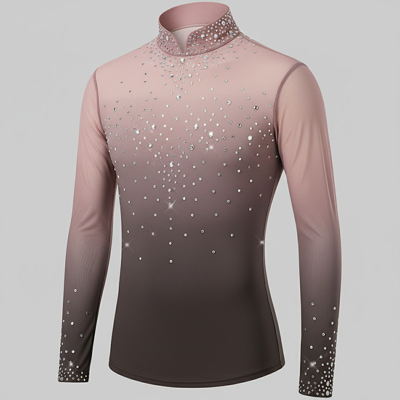 Figure Skating Top Men's Ice Skating Tops Coffee Patchwork Stretchy Training Competition Skating Wear Classic Crystal / Rhinestone Long Sleeve Ice Skating Figure Skating