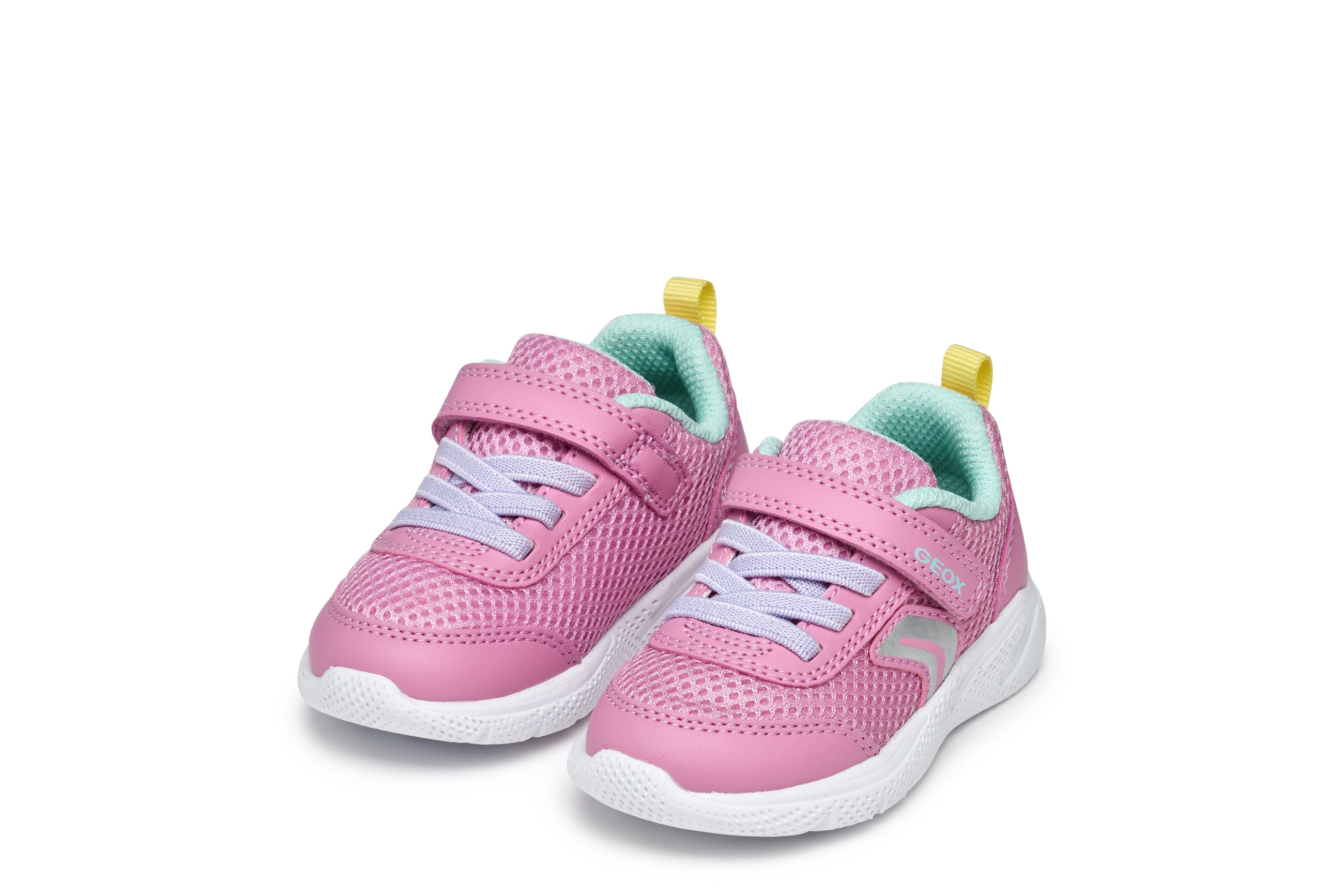 Lauflernschuh GEOX "B SPRINTYE GIRL", Baby, Gr. 21, rosa, hellblau, Lederimitat, Mesh, Schuhe Lauflernschuh, Babyschuh mit elastischen Schnürsenkeln, Größenschablone zum Download