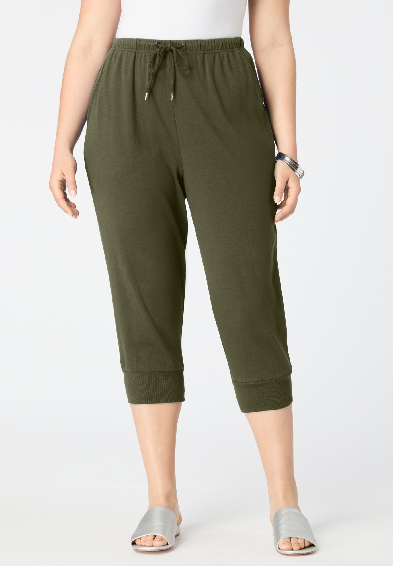 Plus Size Women's Plus Size Soft Knit Capri Pant with Drawstring Waist by Roaman's in Dark Olive Green (Size S)