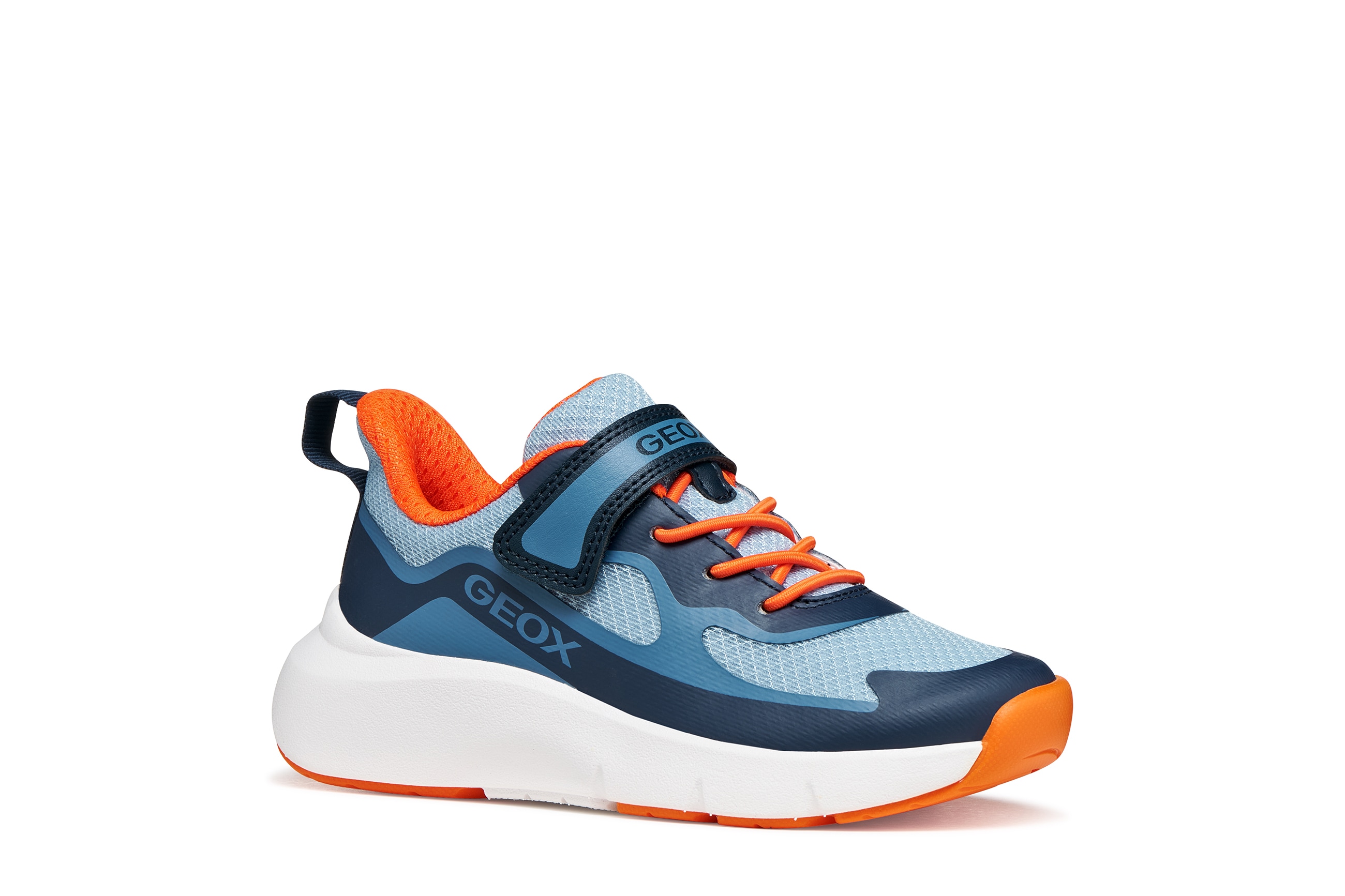 Sneaker GEOX "J PRO-RAN BOY", Damen, Gr. 34, navy, orange, Lederimitat, Textil, Schuhe Sneaker, Slipper mit elastischen Schnürsenkeln, Größenschablone zum Download