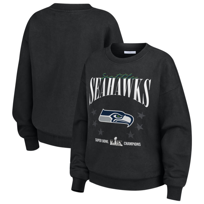 "Damen-Sweatshirt von Erin Andrews, schwarz, Seattle Seahawks Super Bowl LX Champions, verwaschen, Oversized-Schnitt" Image