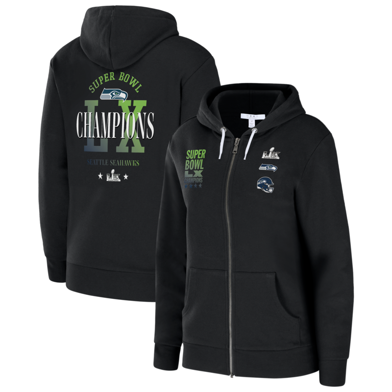 "Damen-Hoodie von Erin Andrews, Schwarz, Seattle Seahawks Super Bowl LX Champions, Oversized, mit durchgehendem Reißverschluss" Image