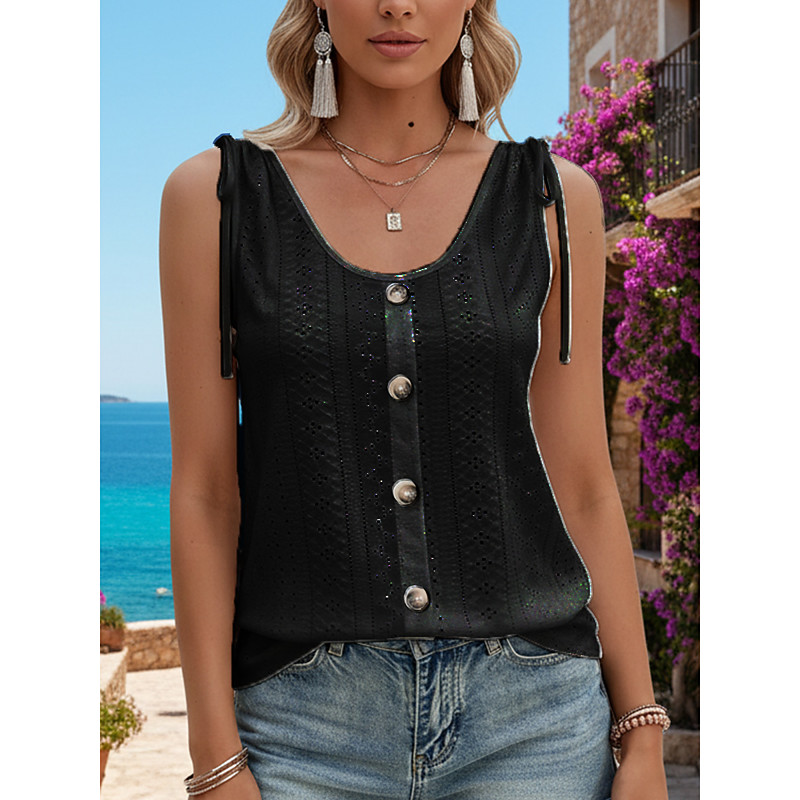 Women's Tank Top Dressy Tops Tee Top Eyelet Solid Color Bohemia Classic Casual Sleeveless Crew Neck Regular Tops Daily Going out Weekend Black White Pink Wine Light Blue Summer Spring