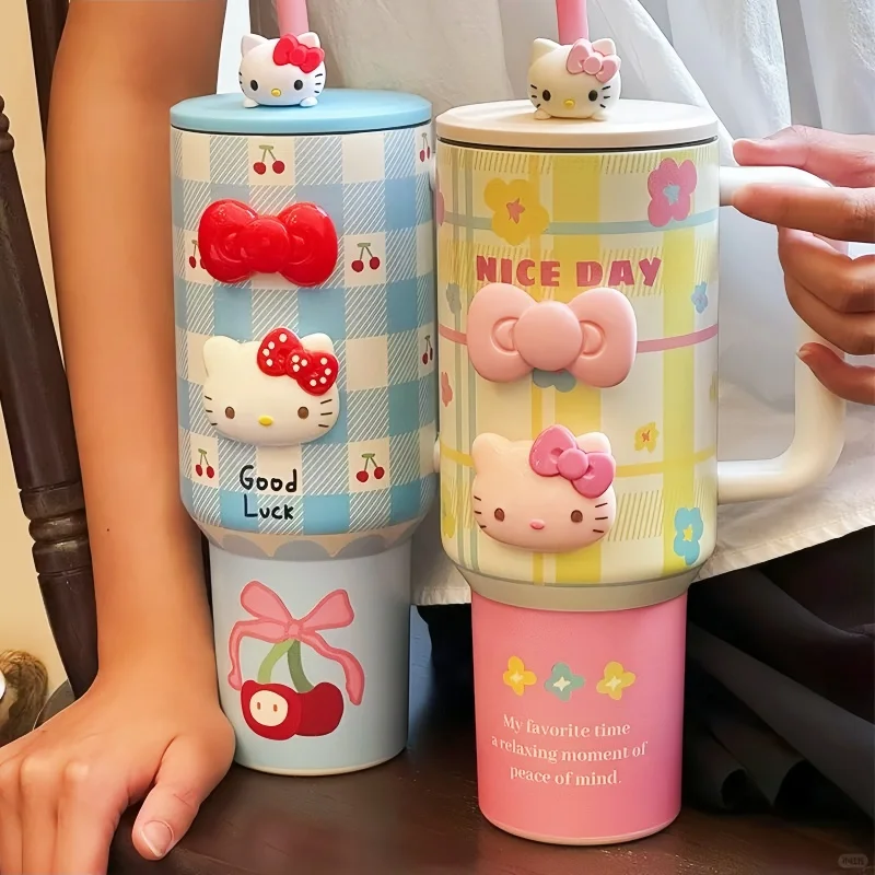 Neue Hello Kitty 304 Edelstahl 1200 ml isolierte Flasche rosa blaues Gitter Kaffeetasse kalt und heiß Tumbler Thermo-Wasserflasche Becher Geschenk Image