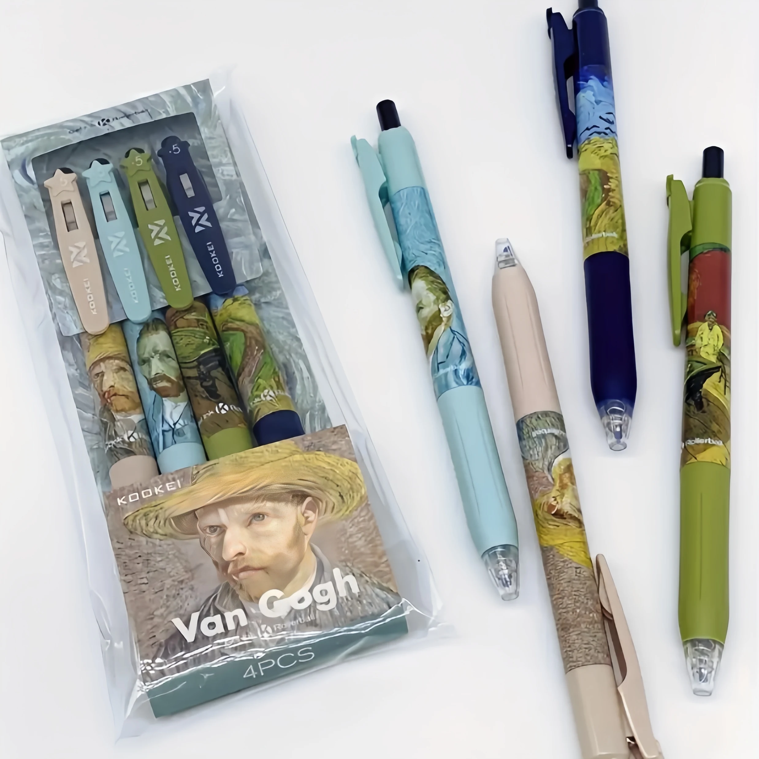 Set of 3 0.5mm gel pens with Van Gogh art, quick - dry, comfy grip, for office & campus. Image