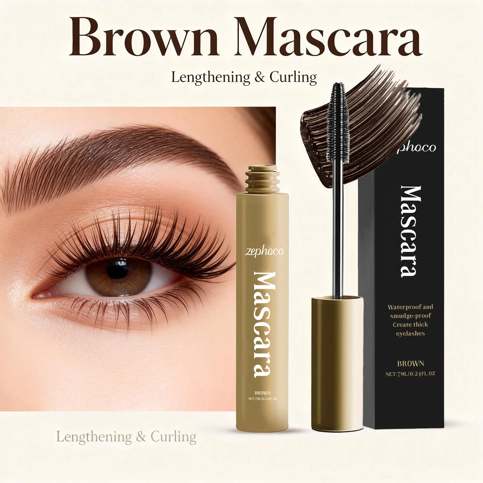 Braune Wimperntusche für natürliche Locken, langanhaltendes Make-up, wasserfest, schweißfest, verlängert die Wimpern, schmutzabweisend, Augenschwarz, Augenkosmetik Image