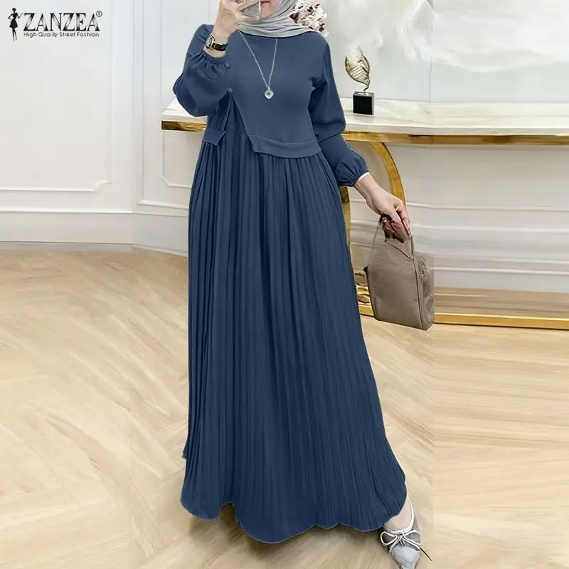 ZANZEA Ramadan Robe Muslimische Abaya Hijab Langes Kleid Damen Frühling Patchwork Kleider Mode Elegantes Langarm Plissiertes Sommerkleid Image