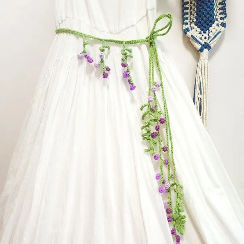 Handgefertigtes originelles Design im Ins-Stil mit Feenrock, Mori-Nymphe, literarischer Haken, gewebt, Glyzinien-Traum, romantischer Gürtel, gestricktes Stirnband