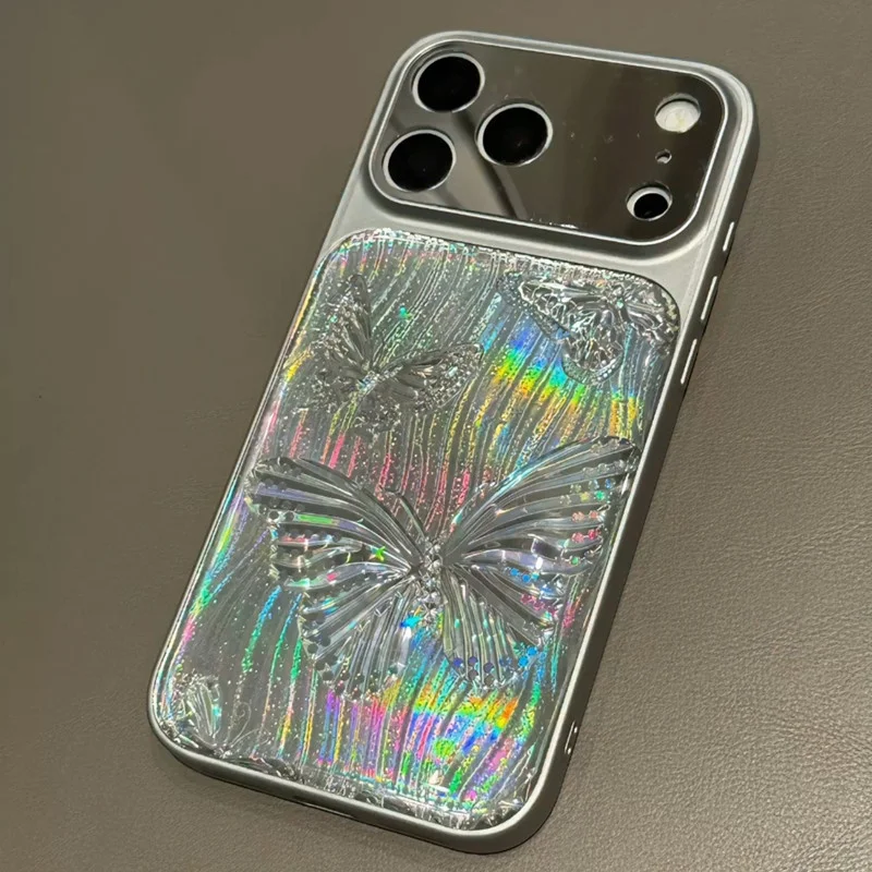 Luxuriöse Aurora Laserreflektierende ästhetische Schmetterlingshülle für iPhone 17, 16, 15, 14, Pro Max, stoßfeste Beschichtung, glänzende Spiegelabdeckung Image