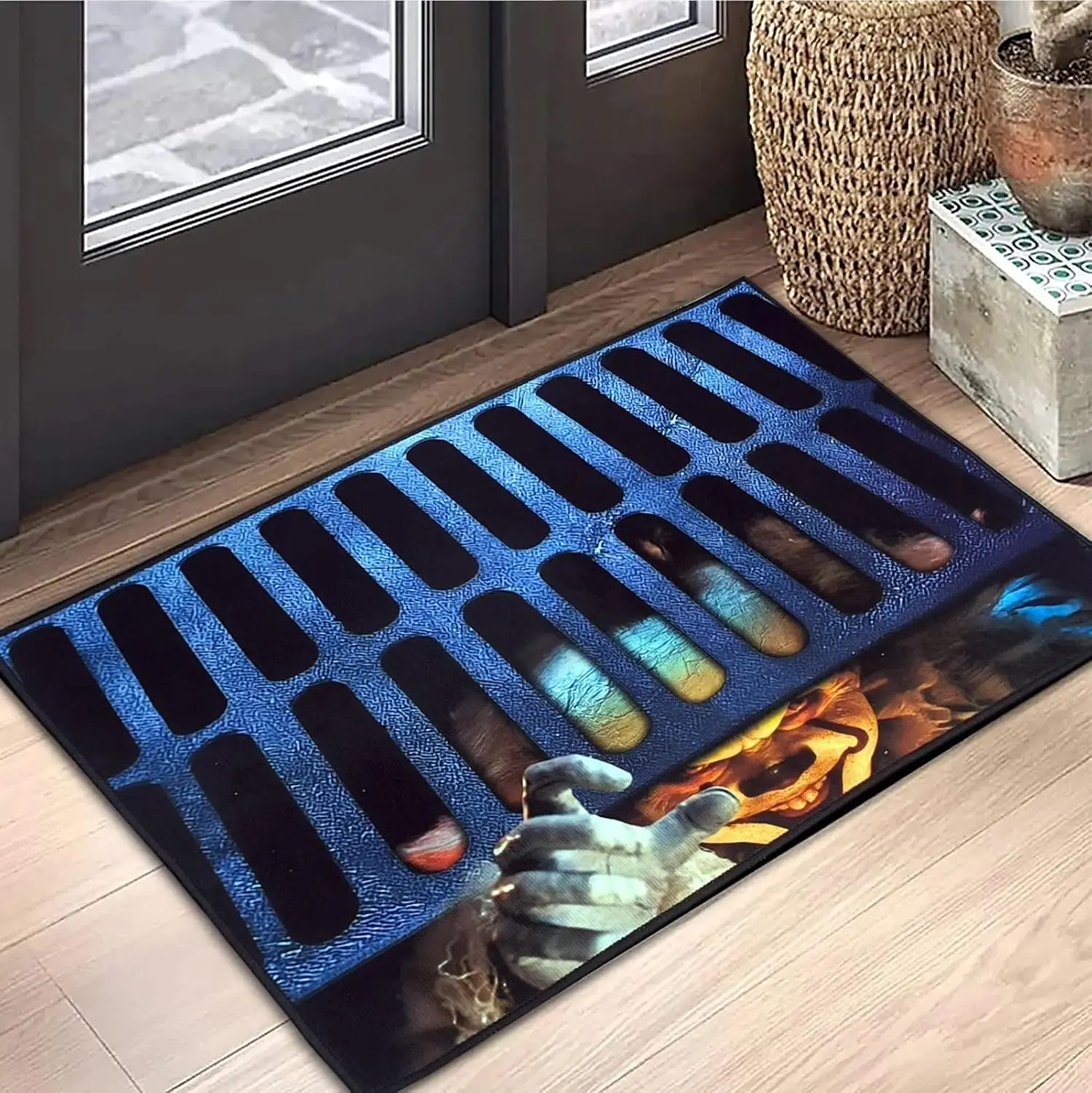 VIKAMA Halloween-Party-Dekorationsteppich, gruselige Schachtabdeckung, Clown, Willkommens-Fußmatte für drinnen und draußen, rutschfeste Bodenmatte Image