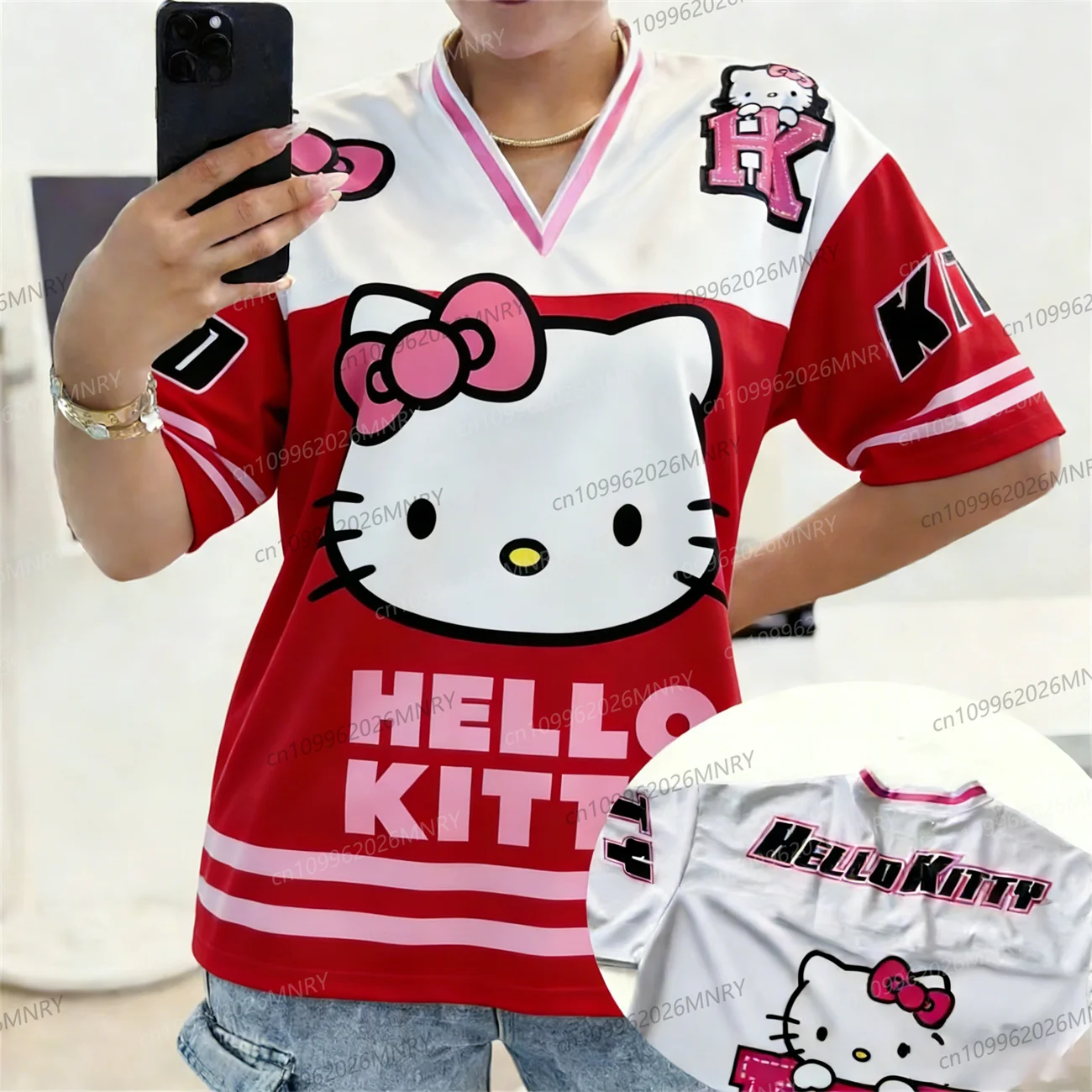 Sanrio Cartoon Hello Kitty Sportswear Damen Herren V-Ausschnitt, locker, lässig, leicht, atmungsaktiv, Streetwear, kurzärmeliges T-Shirt für Kinder