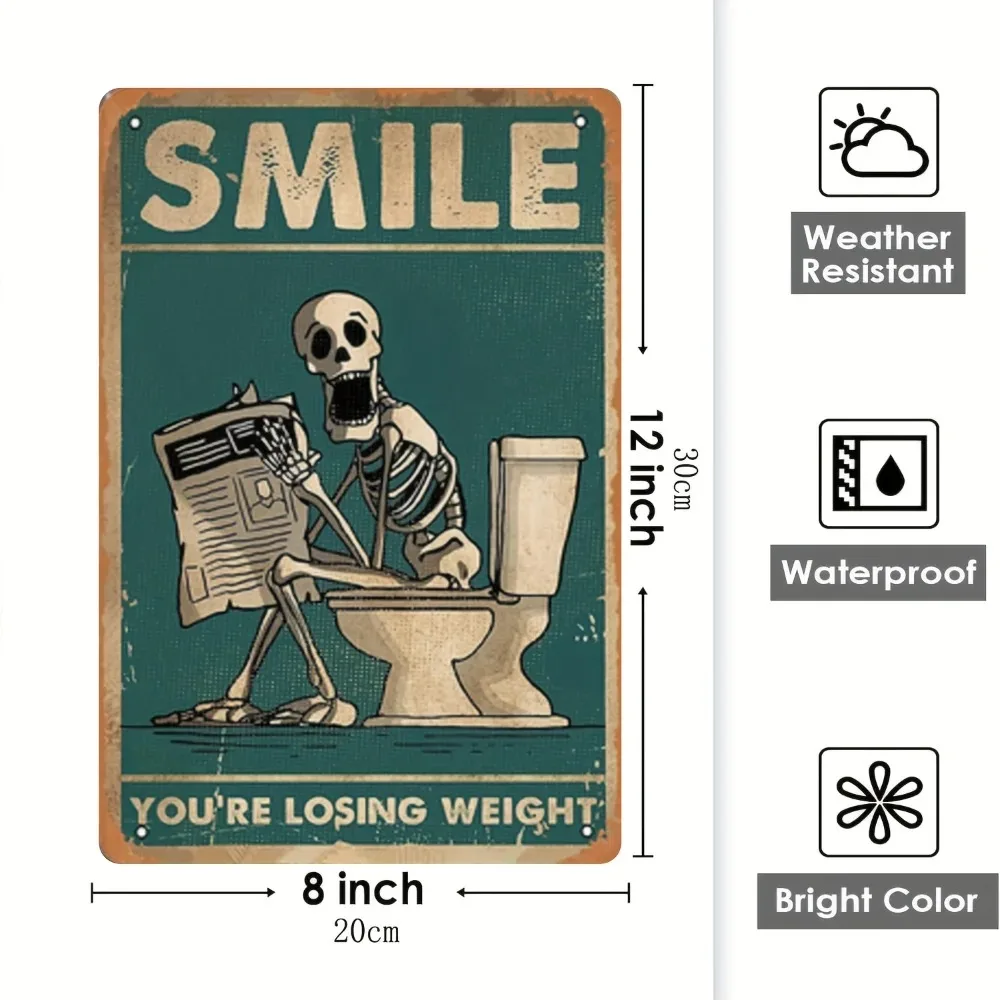RETROSPOOKYZ Lustiges Skelett-Schild zum Aufhängen | Skelett mit Zeitungskunst | Vintage Bar- und Badezimmerdekoration Image