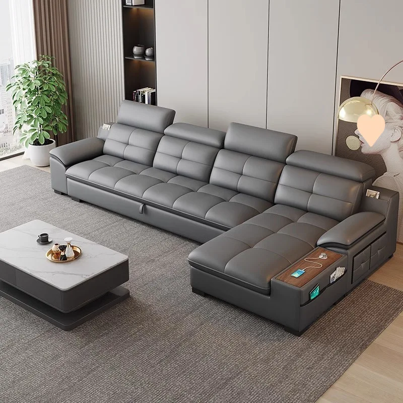 Premium-Ledersofa mit elektrischer Verstellung, modernes Wohnzimmer-Sofa mit Stauraum, Prinzessinnen-Sofa aus erstklassigem Rindsleder, Schlafsofa