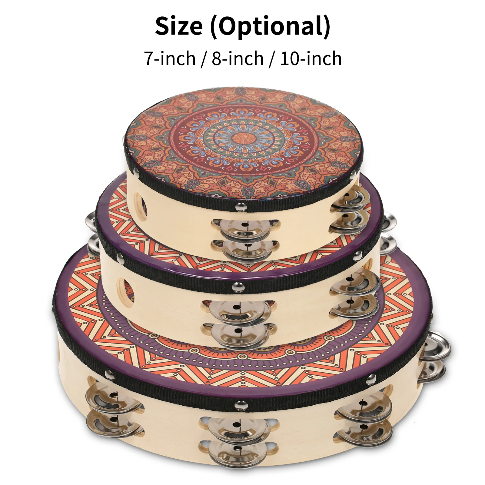 8-Zoll-Handtrommel aus Holz mit Tamburin und Handglocke, zweireihig, 12 Metallbecken, Schellen, musikalisches Schlaginstrument für Kinder Image