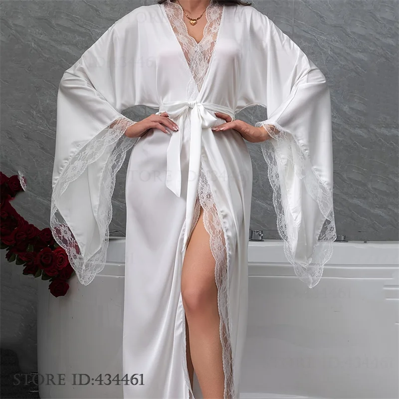 Sexy Braut Hochzeits-Langrobe Kleid Nachthemd Weißer Eisseiden-Kimono Bademantel Elegante Spitze Damen-Schlafbekleidung Lose Hauskleidung Image