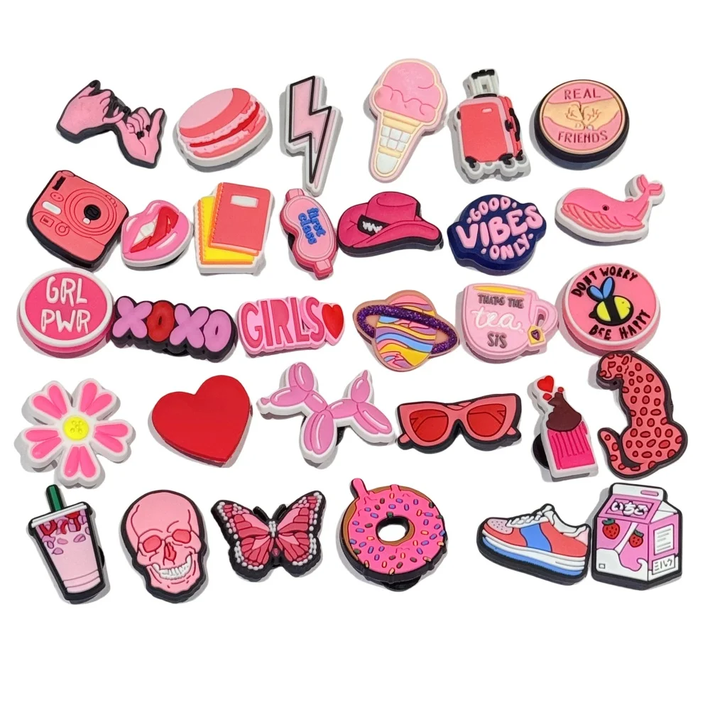 5-31 Stück GRL PWR Schmetterling Donut Kamera Koffer Macaron Eis PVC Rosa Schuh Charms Mädchen Sandale Garten Schuhe Dekoration