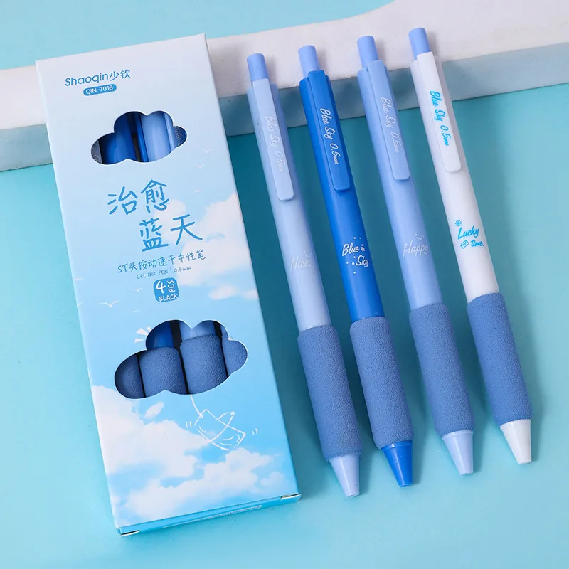 Refreshing Blue Series Neutralstift 4-teiliges Set – ergonomischer Griff, rutschfest und handbeständig, schnell trocknend, geeignet zum Schreiben Image