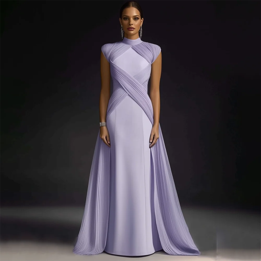 Lilafarbenes Meerjungfrau-Abendkleid, Stehkragen, Jersey-Abendkleider für Damen, lange, plissierte Trompete, formelle Partykleider, individuell gestaltet Image