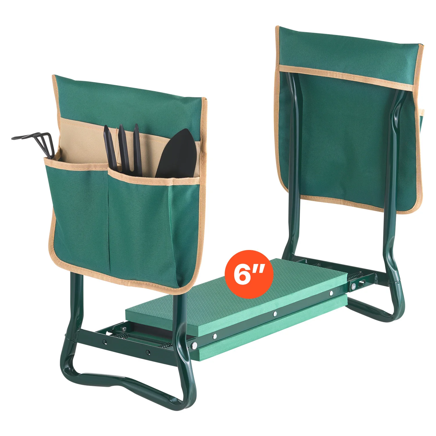 SucceBuy Jenouillère et siège de jardin 6 pouces de large, coussin à genoux, tabouret de jardin robuste, siège de jardin pliant avec 2 sacs à outils