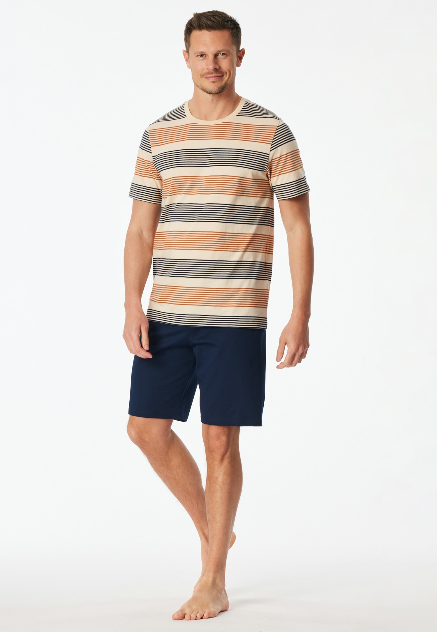 Shorty SCHIESSER "Casual Nightwear", Herren, Gr. 48, 604, gelb, Single Jersey, Obermaterial: 100% Baumwolle, bequem kurz, Rundhals, Homewear-Sets Shorty, mit Rundhalsausschnitt und kurzen Ärmeln, in Single-Jersey Qualität