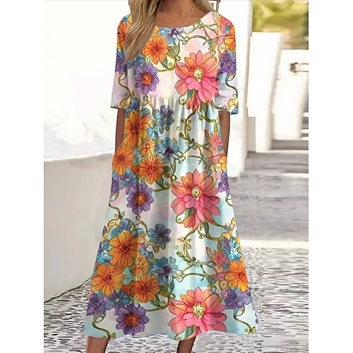 Damen Midikleid Freizeitkleid Blumenkleid Elegant Mode Modern Täglich Outdoor Strand Lässiger Schnitt Blumen Kurzarm Rundhalsausschnitt Rosa Sommer Frühling Image