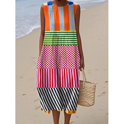Damen Midikleid Shiftkleid Sommerkleid A Linie Kleid Urlaub Lässig Boho Strand Ausgehen Lässiger Schnitt Grafik Geometrisch Abstrakt Ärmellos Rundhalsausschnitt Rosa Violett Rotblond Sommer Frühling Image
