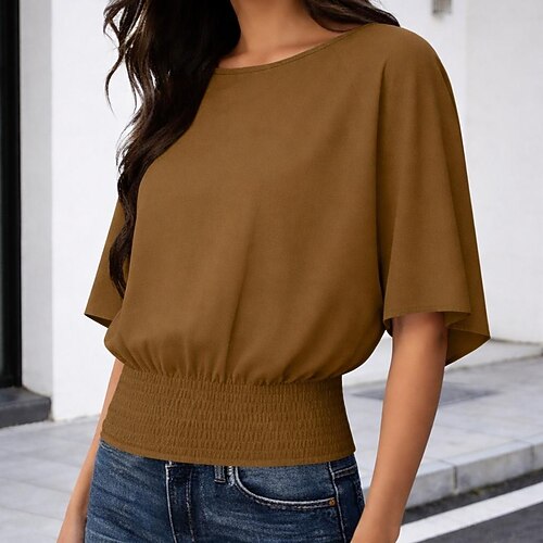 Damen T Shirt T-Shirt Gesmokte Taillenbund Einfarbig Stilvoll Lässig Kurzarm Fledermaus Ärmel Rundhalsausschnitt Rundhals Normale Oberteile Täglich Ausgehen Schwarz Weiß Grün Kaffee Grau Sommer
