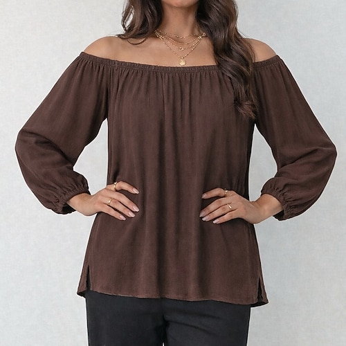 Damen Schulterfreies Oberteil T Shirt Seitensplit Falten Einfarbig Elegant Vintage Stilvoll Langarm Laternenärmel Schulterfrei Normale Oberteile Täglich Ausgehen Kaffee Sommer Frühling Herbst Image