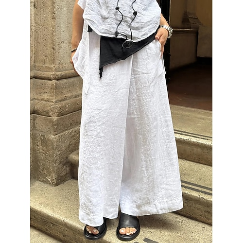 Damen Kunstbaumwollleinen Weites Bein Chinos Urlaub Mode Streetwear Volle Länge Hohe Taille Einfach Tasche Bequem Komfort Weich Unelastisch Outdoor Straße Schwarz Weiß Braun Grau Sommer Frühling Image